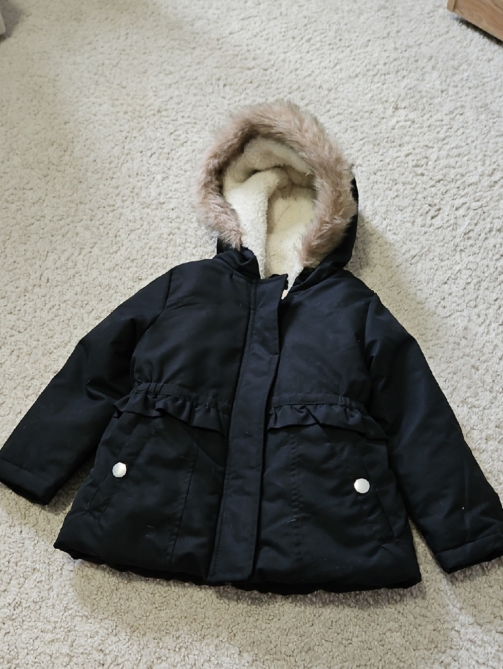 jumping beans Black Hooded Puffer Coat with Faux Fur Trim
